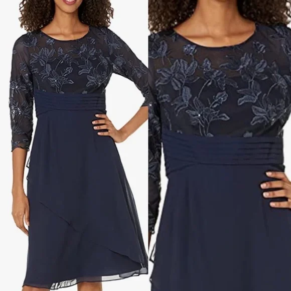 green emerald velvet dress Midi Embroidered Dress with Illusion Neckline and Godet Detail Skirt